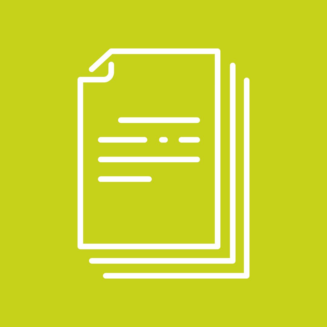 lime green logo with a image of a pile of documents